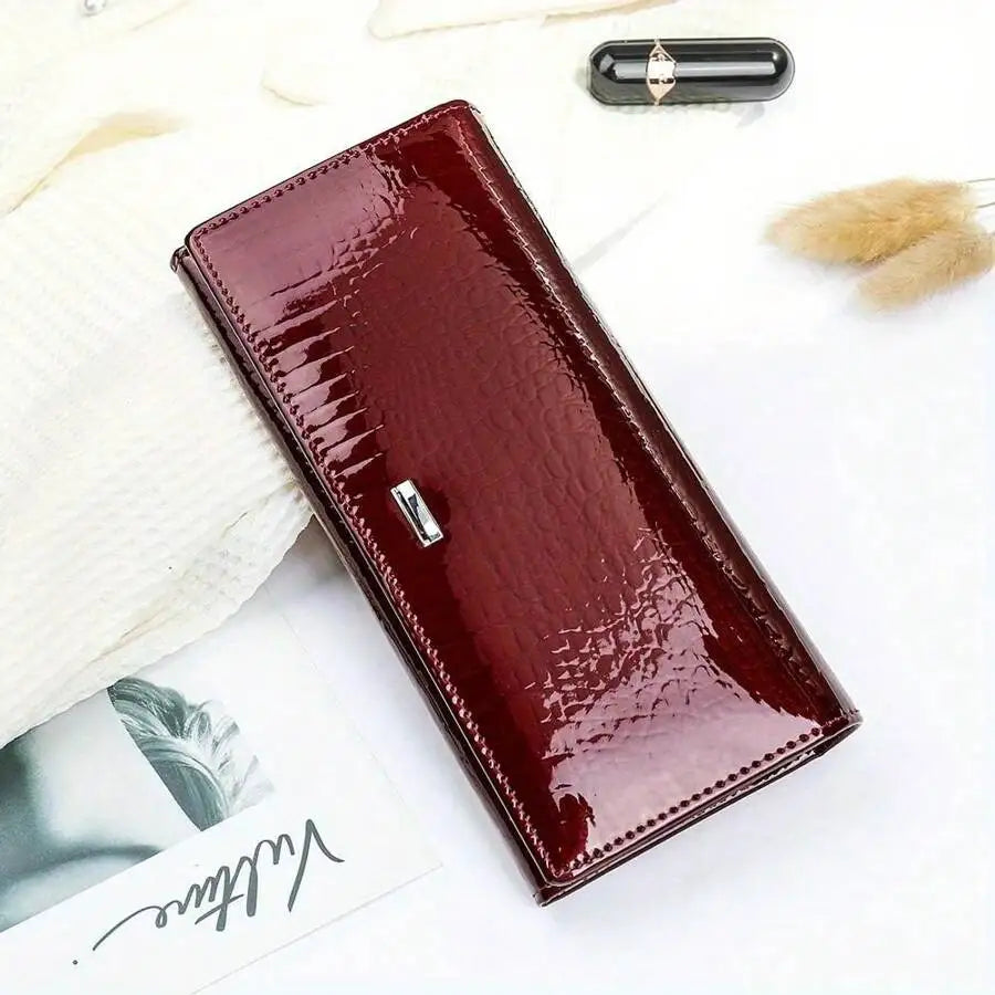 New Shiny Leather Cowhide Wallet Women's Long Leather Money Clip Bag, Evening Bag-1