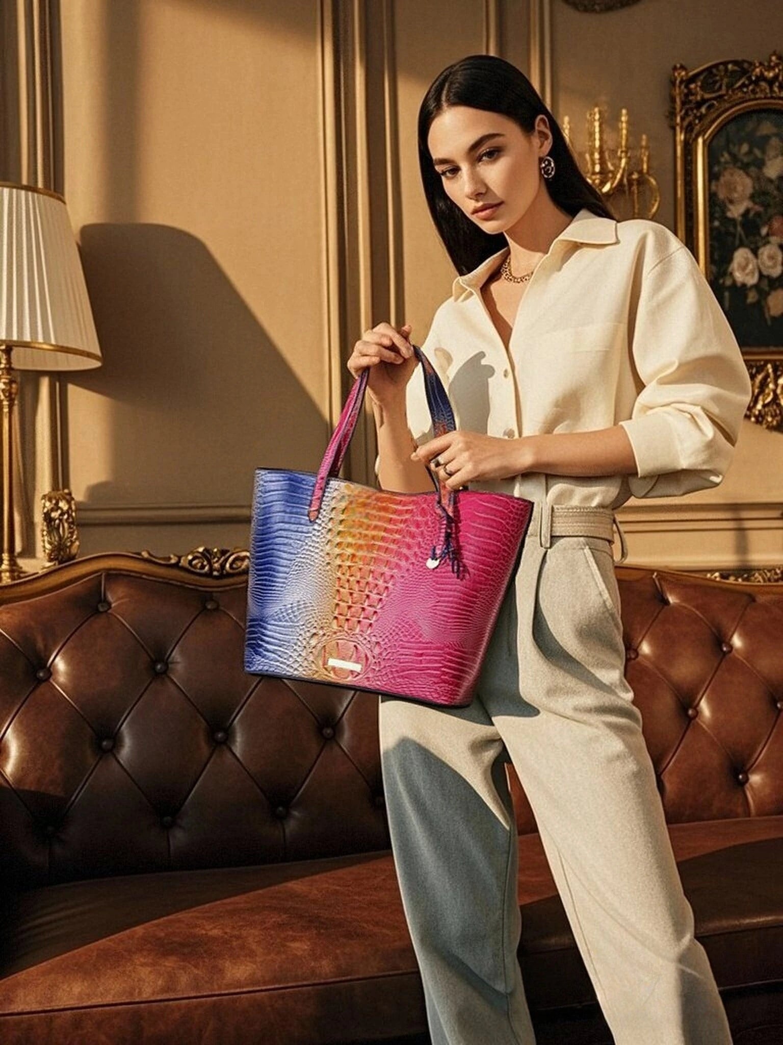 Glossy Croc Embossed Tote Bag with Detachable Wristlet Set, Large Capacity Shoulder Tote for Work Travel Beach Outdoor Activitie-8