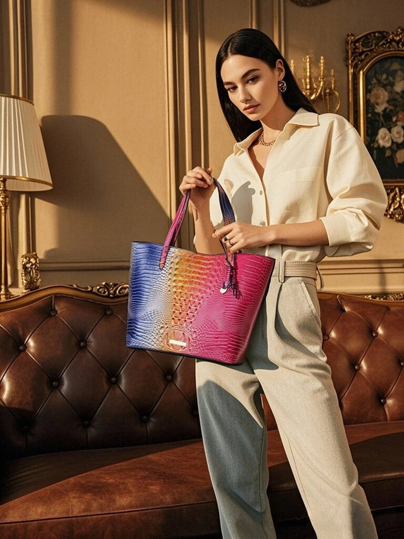 Glossy Croc Embossed Tote Bag with Detachable Wristlet Set, Large Capacity Shoulder Tote for Work Travel Beach Outdoor Activitie-21
