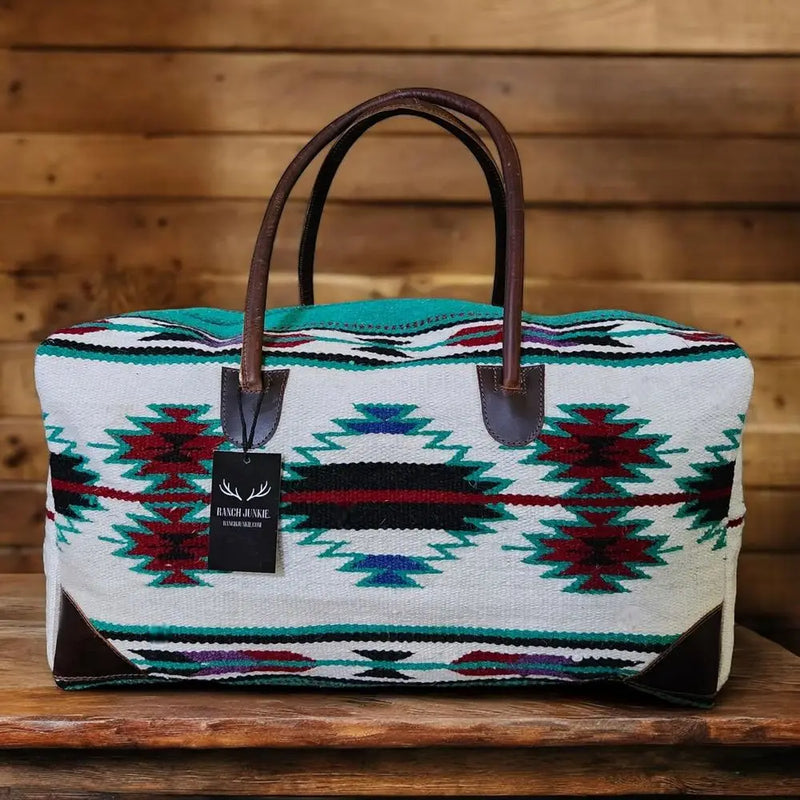 Large Southwestern Aztec Weekender Bag with Handwoven Leather Handles-11