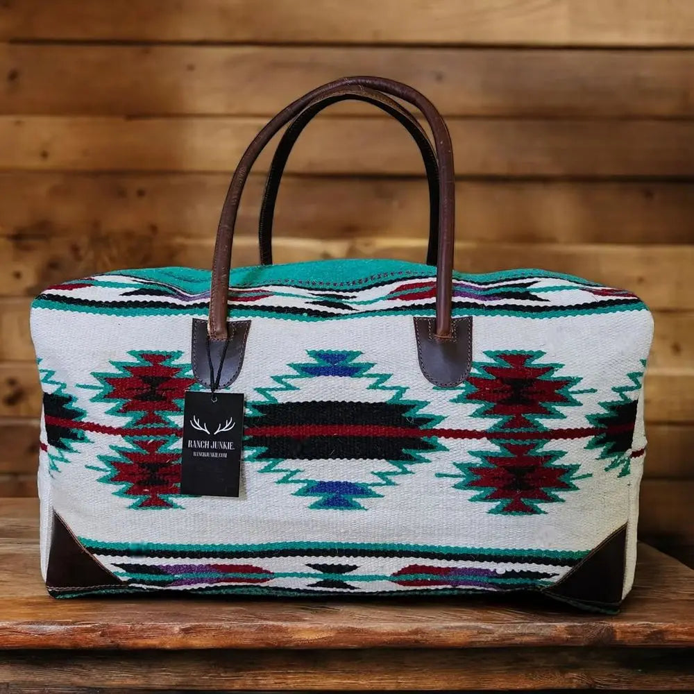 Large Southwestern Aztec Weekender Bag with Handwoven Leather Handles-5