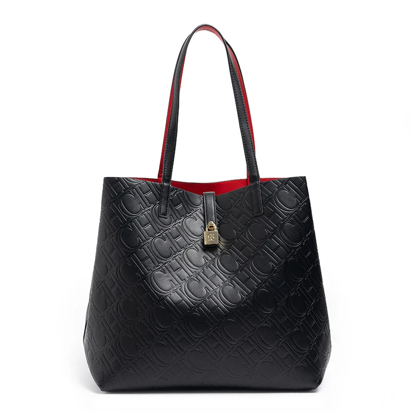 CH Women Shoulder Bag Black Large Tote Bag Embossed Pattern Fashion Handbag PU Leather Top Handle Purse Casual Daily Work Travel Bag-12