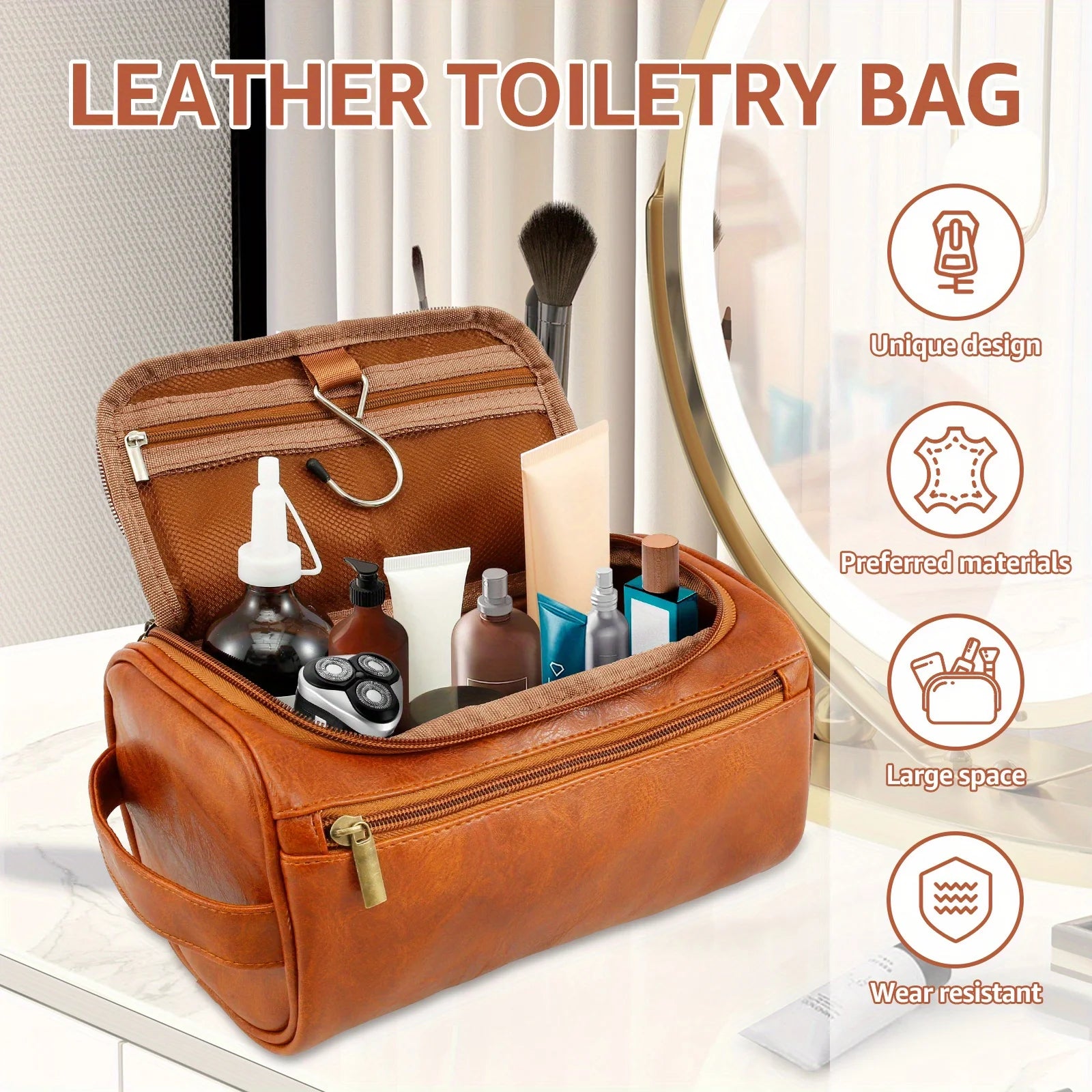 Brown PU Leather Travel Toiletry Bag, Single Handed with Metal Zipper Large Capacity Toiletry Bag 9.84x5.1x5.1inches Portable Personal Care Bag Ideal Gift for Women Men in Festival Party-6