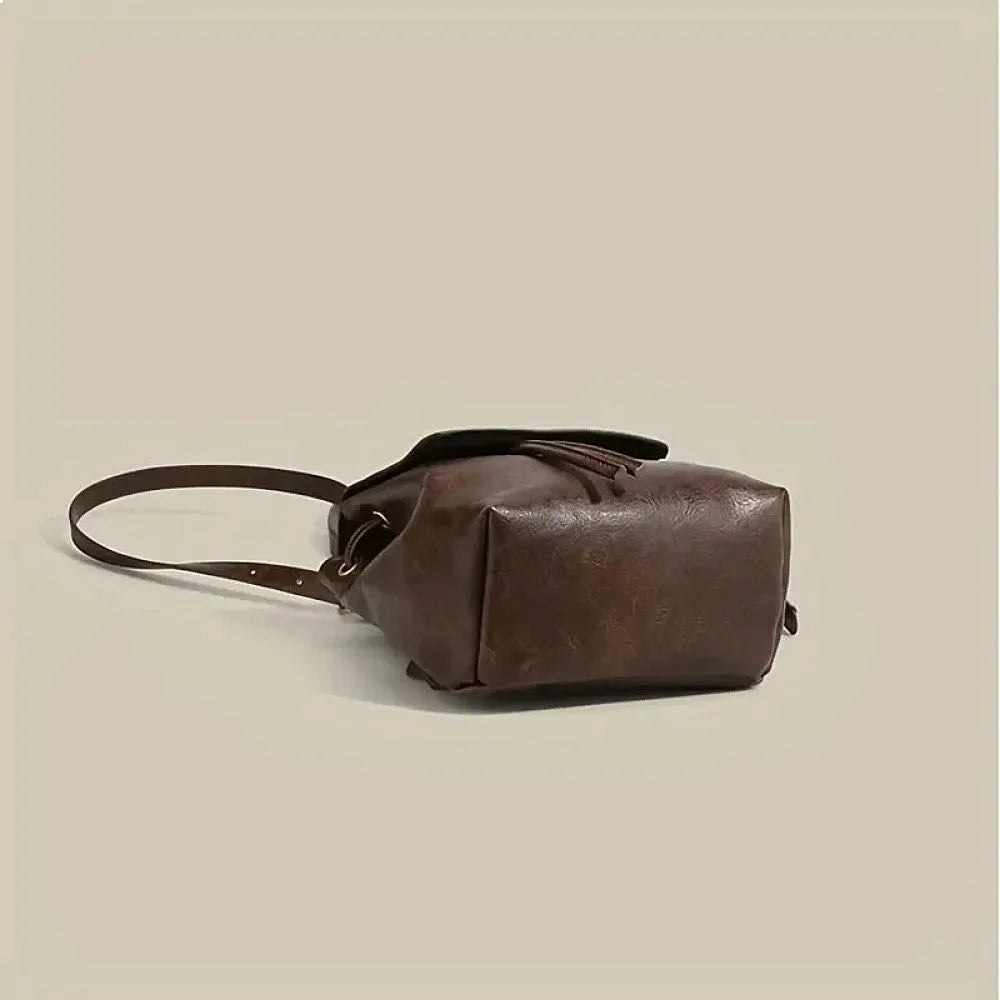 2025 Small Drawstring Flap Backpack Women Mini PU Leather Textured School Backpack Fashion Travel Commuter Bag Girl-5