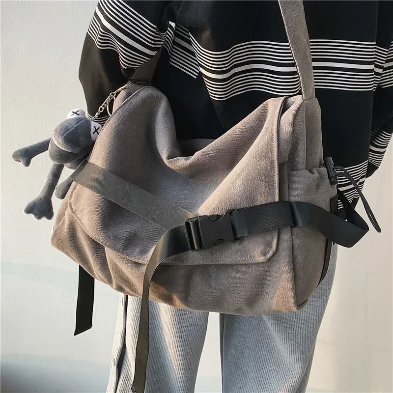 Large Capacity Canvas Messenger Bag Adjustable Shoulder Strap Casual Crossbody Handbag School Daily Bag for Youth Girls Men-3