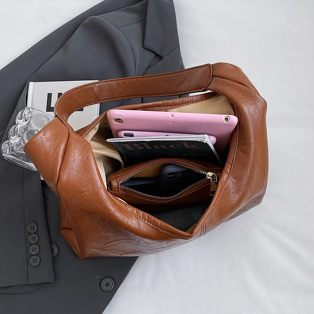 Women Leather Shoulder Bag Versatile Soft Underarm Bag Soft Hobo Bag and Clutch 2pcs Shoulder Bag and Handbag Set Shopping Bag