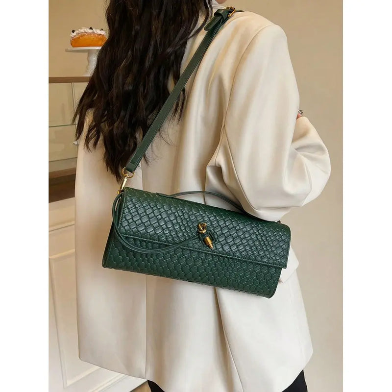 Premium Solid Color PU Woven Texture Clutch Bag, Crossbody Design-3