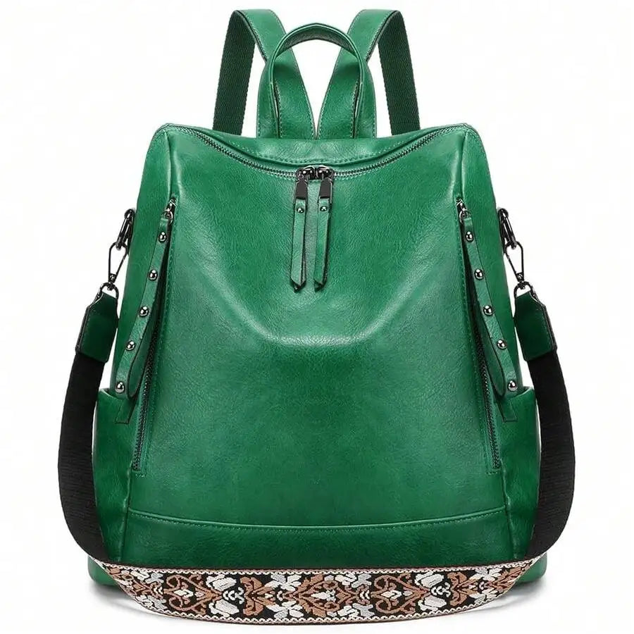 Vegan Leather Backpack For Women With Rivet Decoration And Floral Pattern-3