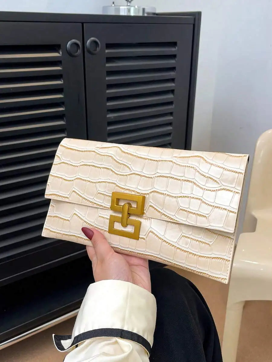 Red Crocodile Texture Clutch Bag With Gold Tone Lock Closure For Evening Party-8
