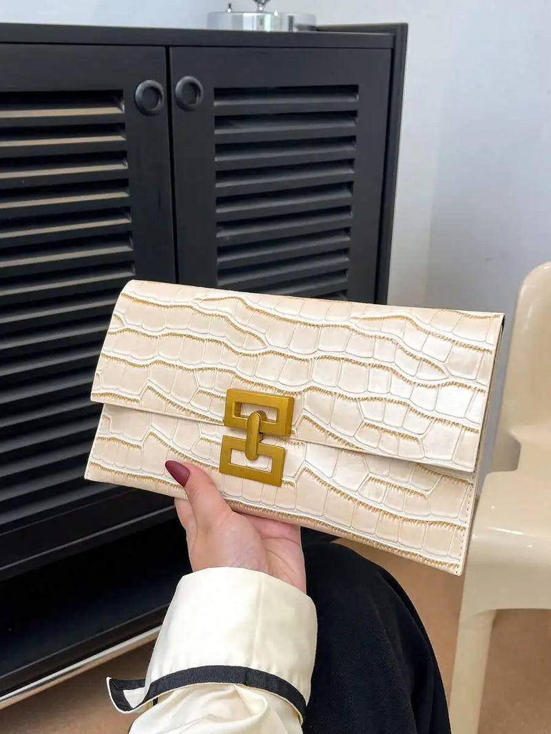 Red Crocodile Texture Clutch Bag With Gold Tone Lock Closure For Evening Party-8