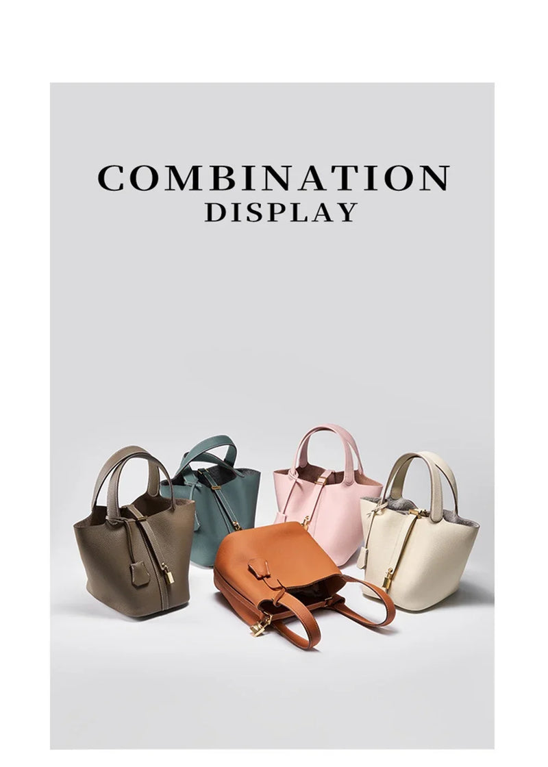 2025 Casual Fashion Female Genuine Leather Bucket Bag Luxury Handbag High-End Tote Bag Woman Cow Leather Mommy Bag & Metal Lock-28