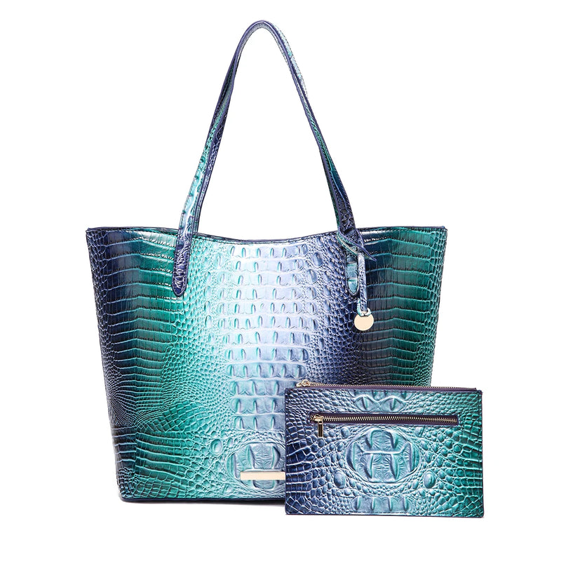Glossy Croc Embossed Tote Bag with Detachable Wristlet Set, Large Capacity Shoulder Tote for Work Travel Beach Outdoor Activitie-12