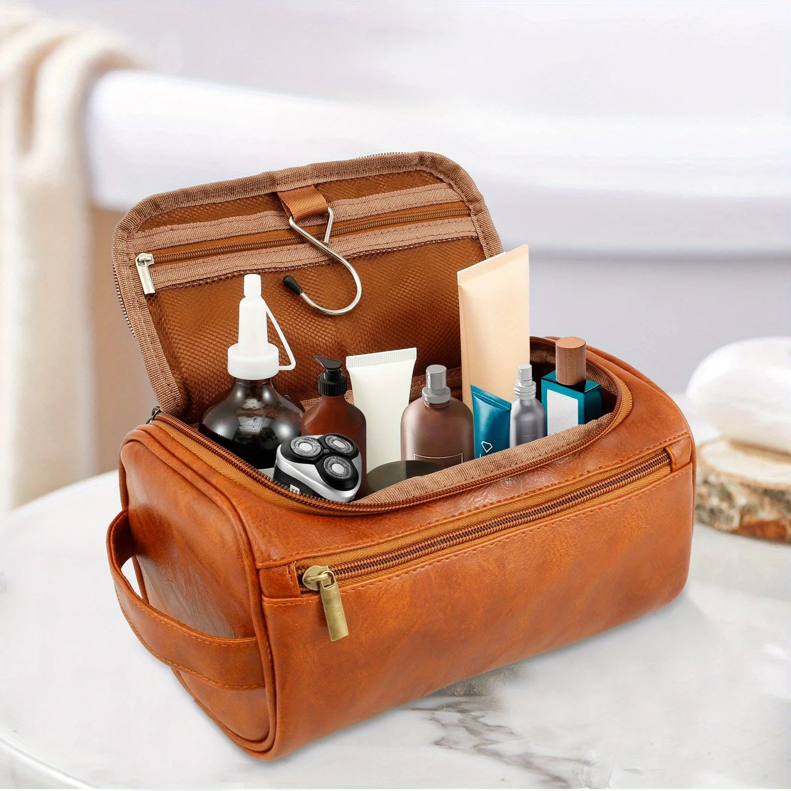 Brown PU Leather Travel Toiletry Bag, Single Handed with Metal Zipper Large Capacity Toiletry Bag 9.84x5.1x5.1inches Portable Personal Care Bag Ideal Gift for Women Men in Festival Party-9
