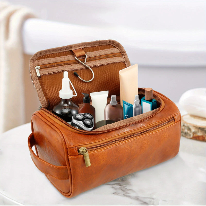 Brown PU Leather Travel Toiletry Bag, Single Handed with Metal Zipper Large Capacity Toiletry Bag 9.84x5.1x5.1inches Portable Personal Care Bag Ideal Gift for Women Men in Festival Party-9