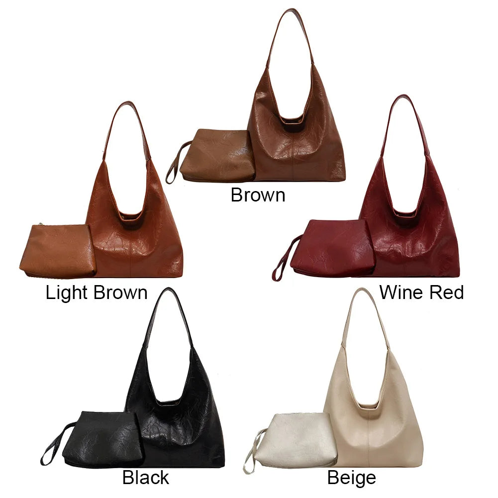 Women Leather Shoulder Bag Versatile Soft Underarm Bag Soft Hobo Bag and Clutch 2pcs Shoulder Bag and Handbag Set Shopping Bag-9