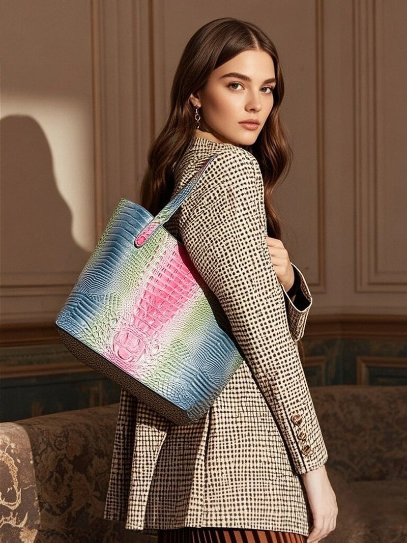 Glossy Croc Embossed Tote Bag with Detachable Wristlet Set, Large Capacity Shoulder Tote for Work Travel Beach Outdoor Activitie-17