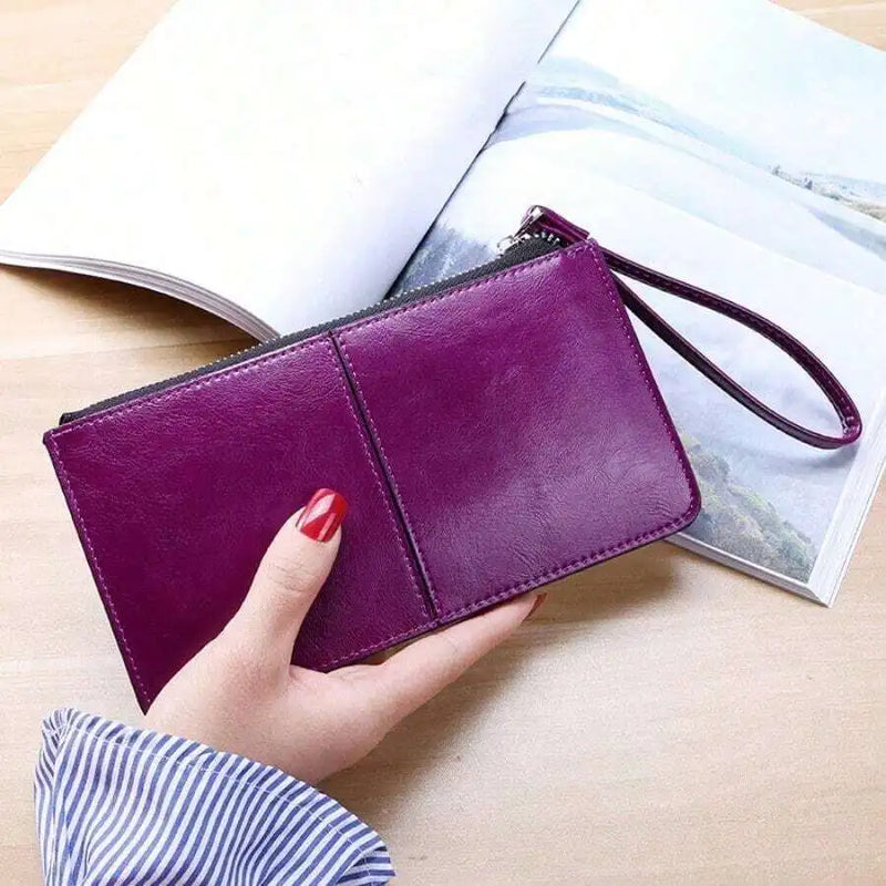 Women Vintage Oil Wax Leather Zipper Clutch Wristlet Wallet Large Capacity Card Holder-5