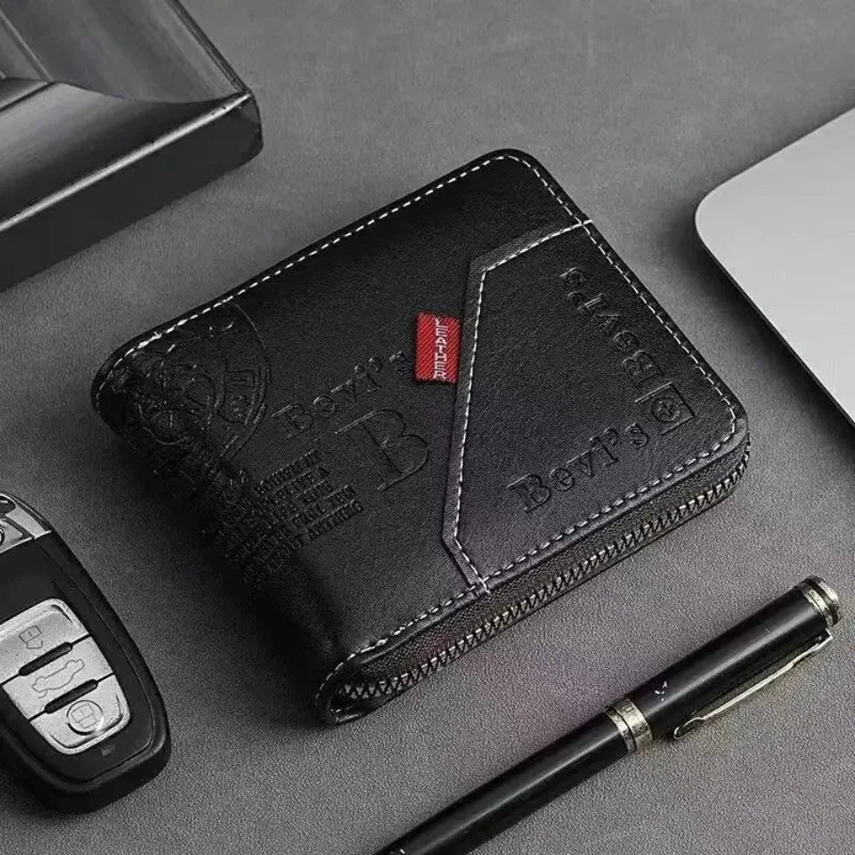 Men's Trendy Splicing Fashion PU Retro Wax Oil Leather Short Style Wallet Coin Pocket Card Clip Retro Style Compact Money Holder-12