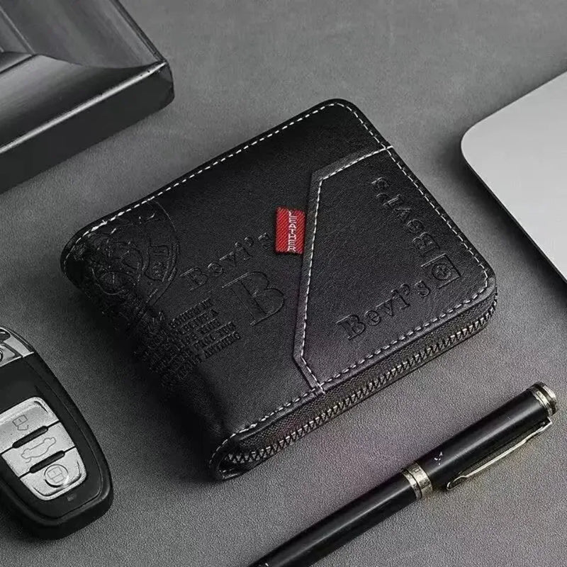 Men's Trendy Splicing Fashion PU Retro Wax Oil Leather Short Style Wallet Coin Pocket Card Clip Retro Style Compact Money Holder-12