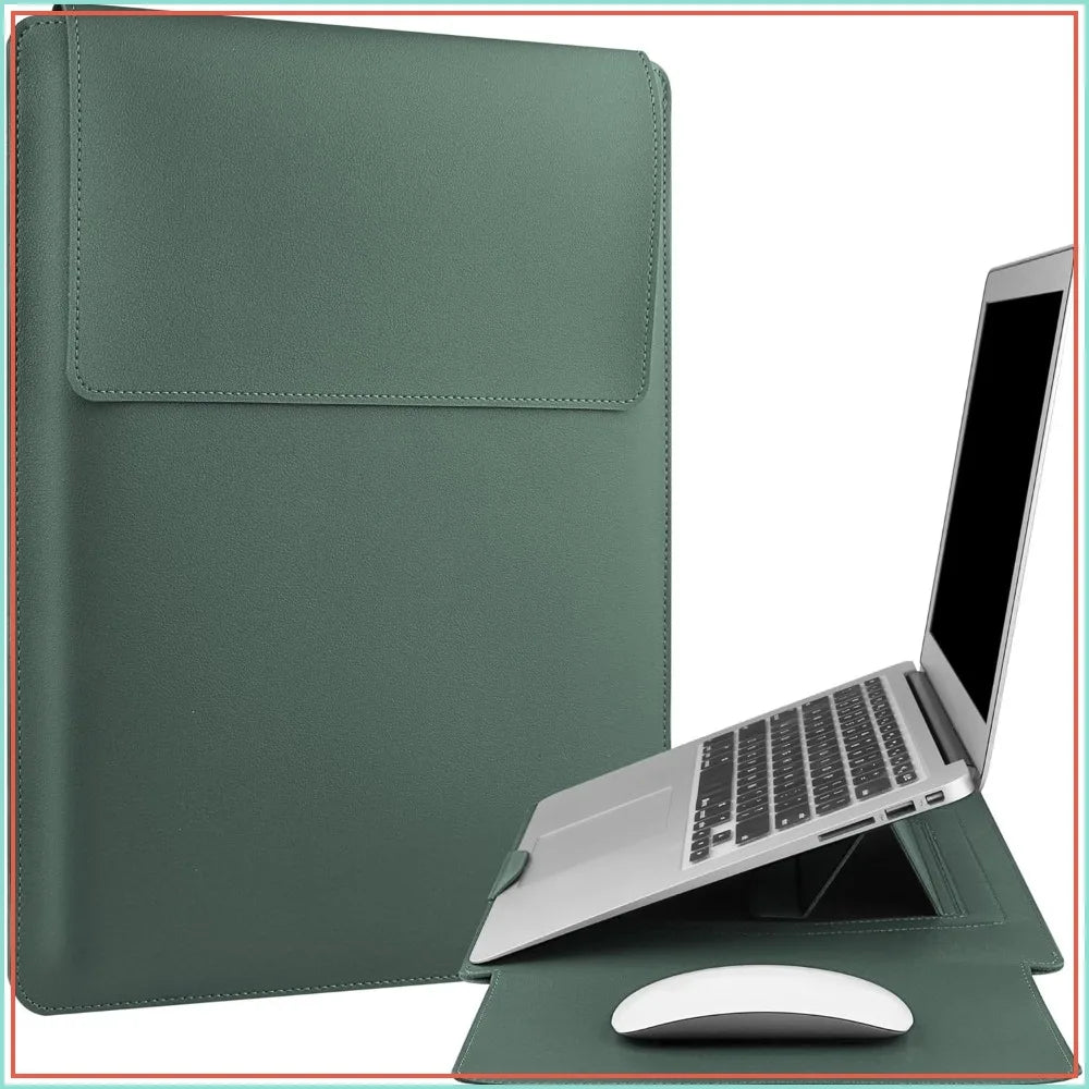 13-14" Laptop Sleeve Case with Adjustable Stand, Waterproof Leather, Green-1