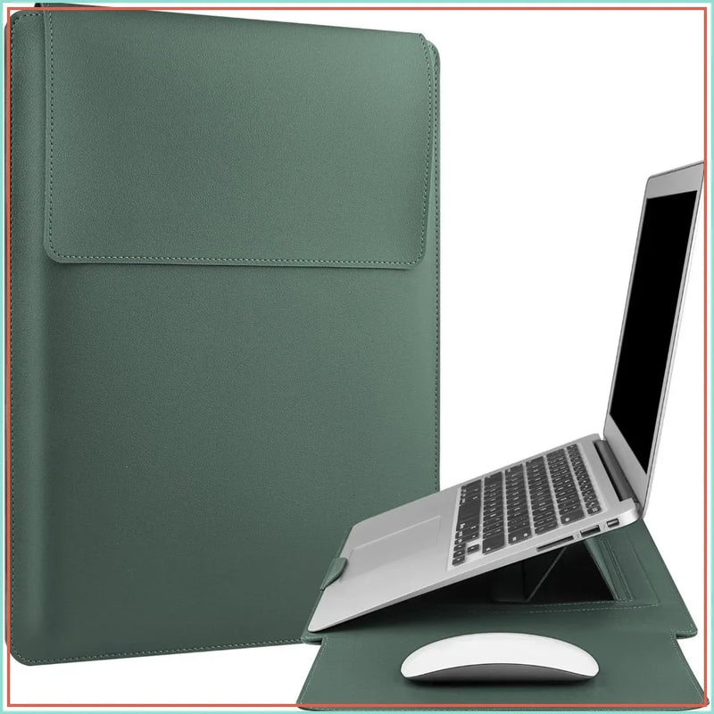 13-14" Laptop Sleeve Case with Adjustable Stand, Waterproof Leather, Green-1