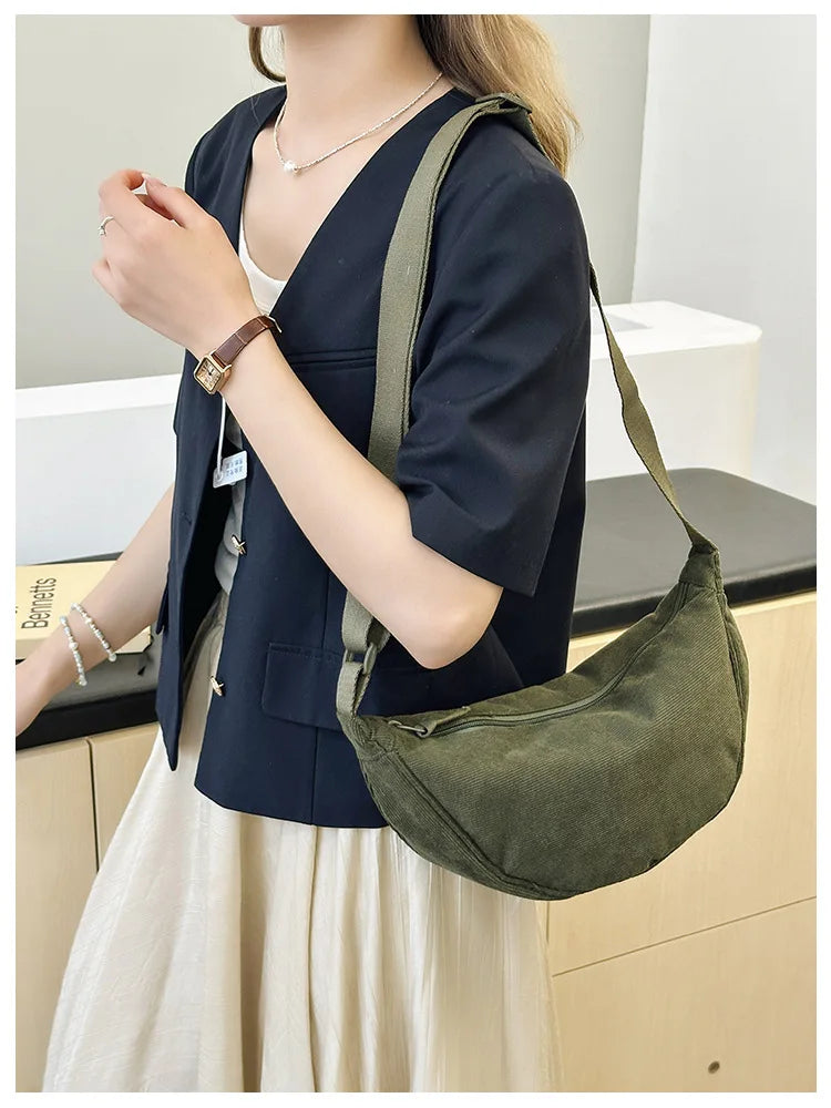 Solid Color Corduroy Women's Hobos Shoulder Bag Retro Casual Female Crossbody Bags Ladies Daily Travel Handbags Messenger Bag-32