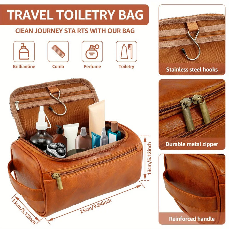 Brown PU Leather Travel Toiletry Bag, Single Handed with Metal Zipper Large Capacity Toiletry Bag 9.84x5.1x5.1inches Portable Personal Care Bag Ideal Gift for Women Men in Festival Party-2