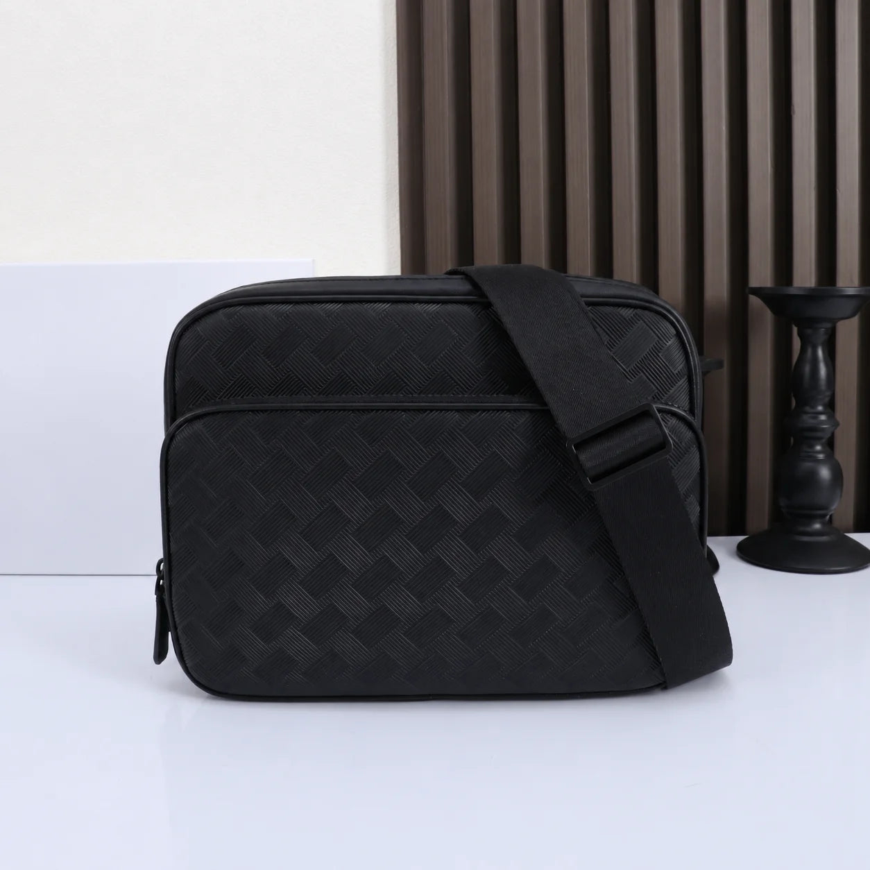Luxury Designer Men's Mini Messenger Bag Genuine Leather Crossbody Shoulder Bag Woven Texture Business Casual Purse Black-7