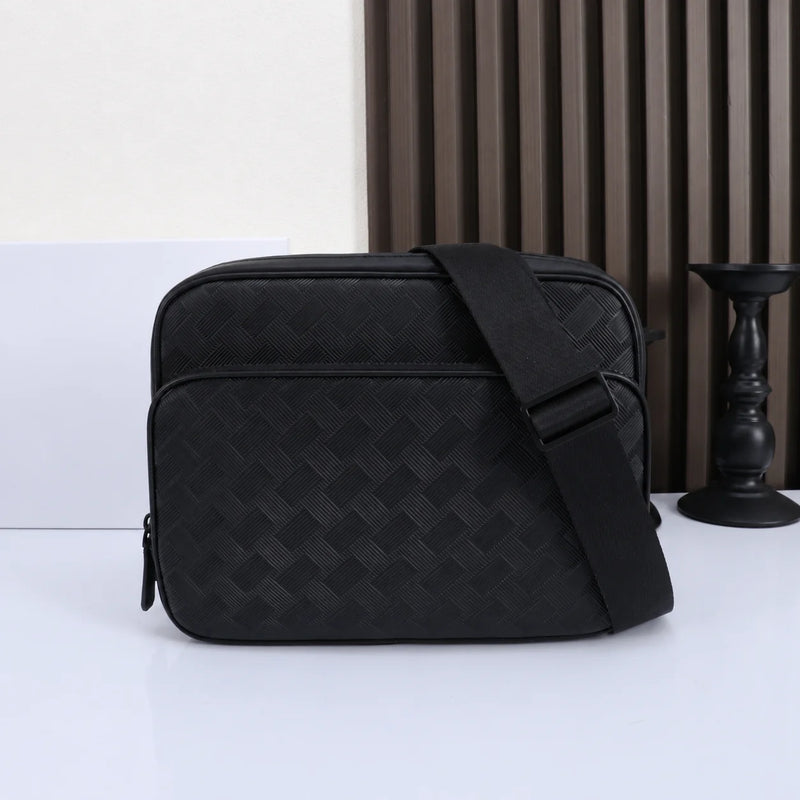 Luxury Designer Men's Mini Messenger Bag Genuine Leather Crossbody Shoulder Bag Woven Texture Business Casual Purse Black-1