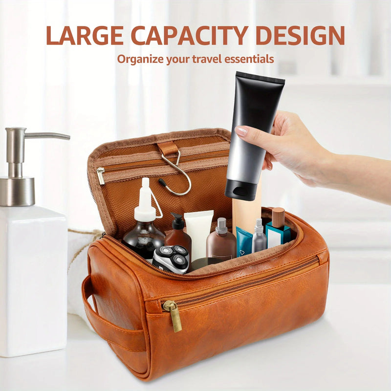 Brown PU Leather Travel Toiletry Bag, Single Handed with Metal Zipper Large Capacity Toiletry Bag 9.84x5.1x5.1inches Portable Personal Care Bag Ideal Gift for Women Men in Festival Party-8