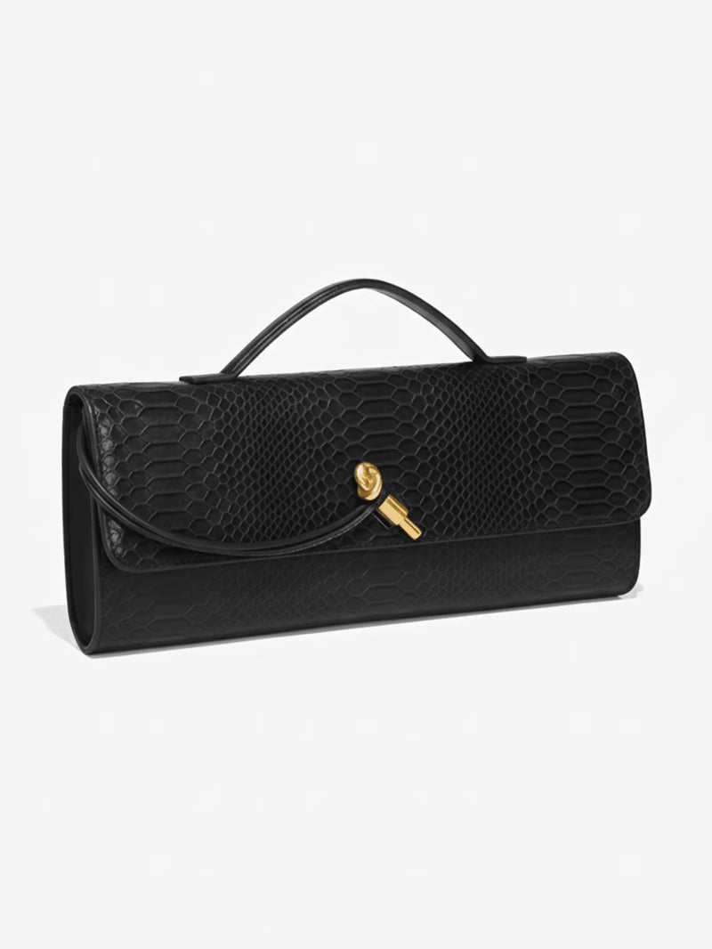 Elegant Top Handle Clutch Bag With Serpentine Pattern And Gold Tone Hardware-7
