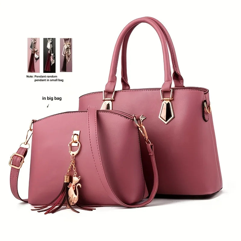 2Pcs Women Handbag Set Elegant Black PU Leather Large Capacity Tote Handbag Designer Small Crossbody Messenger Bag Ladies Wedding Party Shoulder Bags Gift For Women-13