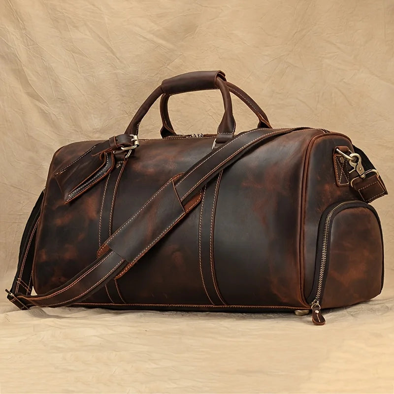Crazy Horse Leather Real Leather Travel Bag Christmas Vacation Luggage Handbag Tote Bag Cowhide Real Leather with Shoe Compartment Travel Bag-20