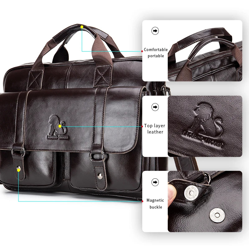 Genuine Leather Men Briefcase Double Front Pockets Large Capacity Laptop Bag Diagonal Cross Shoulder Handbag-6