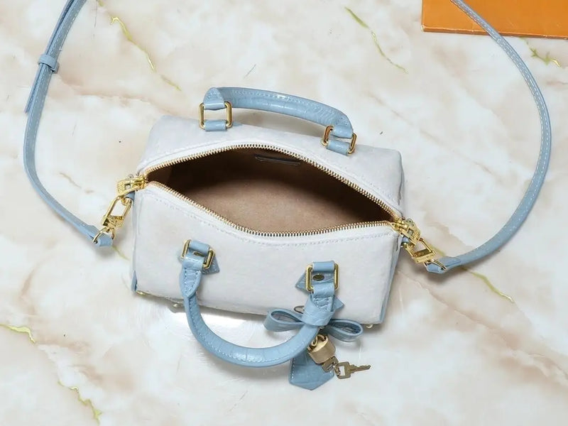 Two-Tone White Light Blue Croc Leather Mini Boston Bag, Bow Decor Gold Lock Key Rivet Detail Detachable Cross Strap Handbag.-6