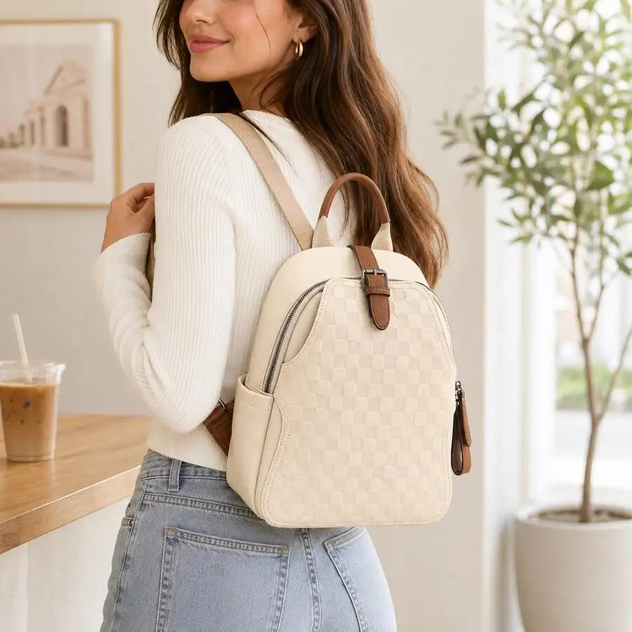 Womens Mini Checkerboard Faux Leather Backpack With Adjustable Straps For Daily Casual Use-5