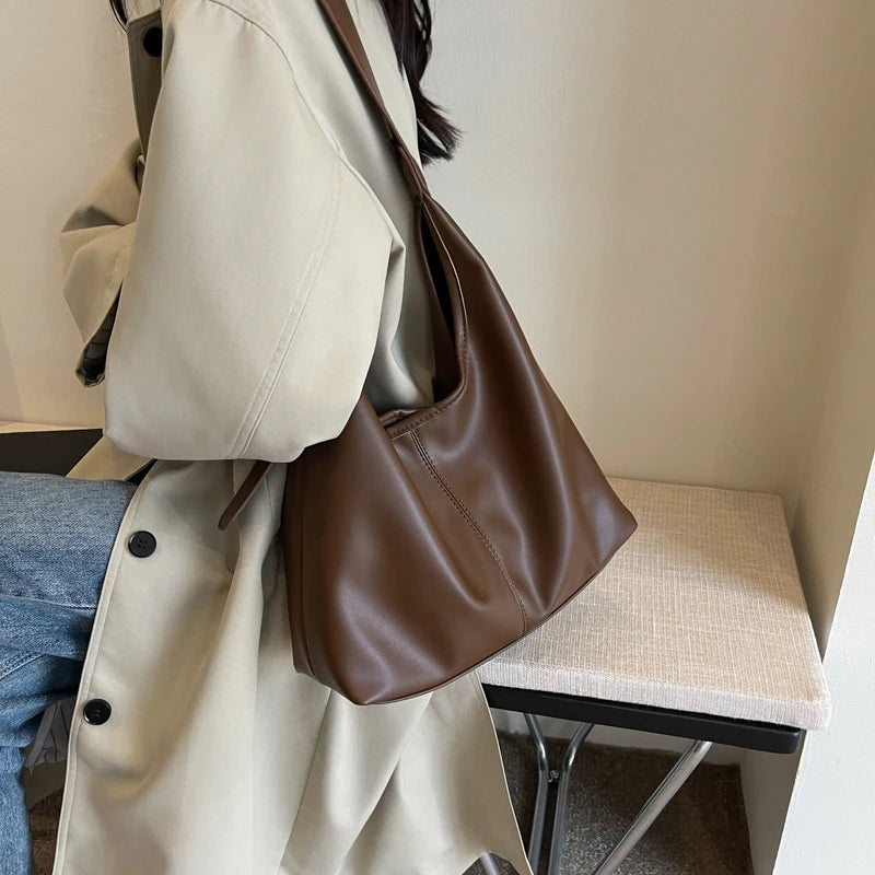 Women Hobo Bag Simple PU Leather Solid Shoulder Bag Fashion Large Capacity Tote Handbag Slouchy Underarm Bag-2