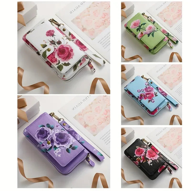 Elegant Floral PU Leather Clutch Wallets for Women- Zipper Handbag Fashion Large Capacity Long Wallet Clutch Bag Phone Bag Multi-card Card Holder Coin Purse for Women Wallet Set Includes bow accessory-2
