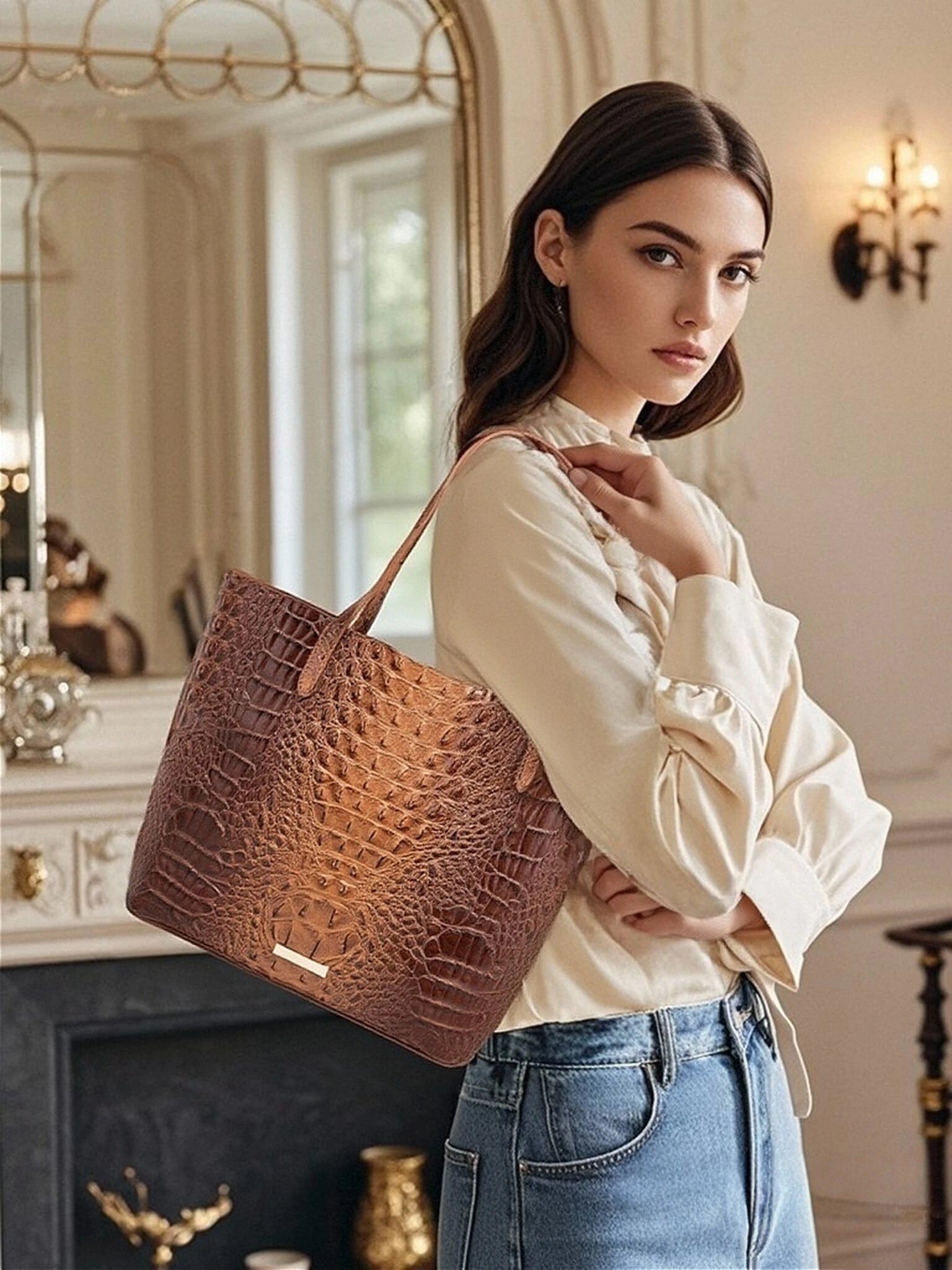 Glossy Croc Embossed Tote Bag with Detachable Wristlet Set, Large Capacity Shoulder Tote for Work Travel Beach Outdoor Activitie-7
