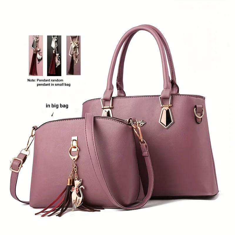2Pcs Women Handbag Set Elegant Black PU Leather Large Capacity Tote Handbag Designer Small Crossbody Messenger Bag Ladies Wedding Party Shoulder Bags Gift For Women-11