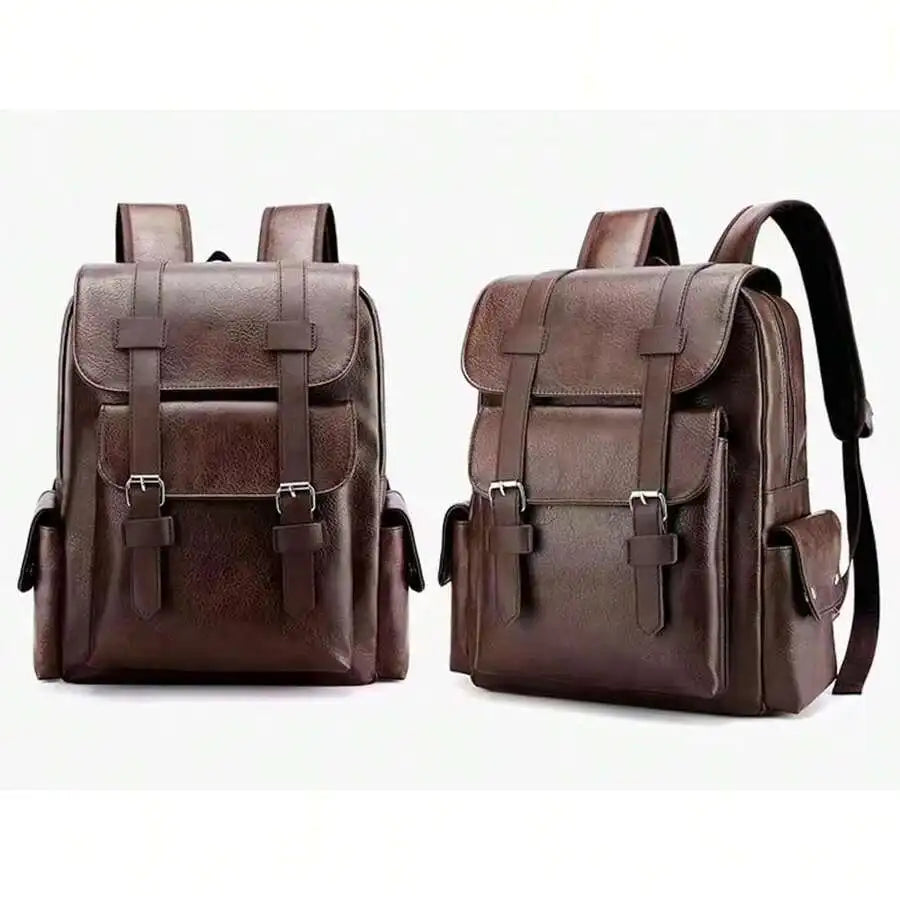 PU Leather Backpack For Men And Women 15.6 Inch Laptop Waterproof Travel Commuter Bag Brown