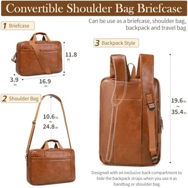 Faux Leather Messenger Bag for Men 17-17.3 Inch Leather Mens Laptop Bag Leather Briefcasen Convertible Backpack 3 in 1 Comter H-9