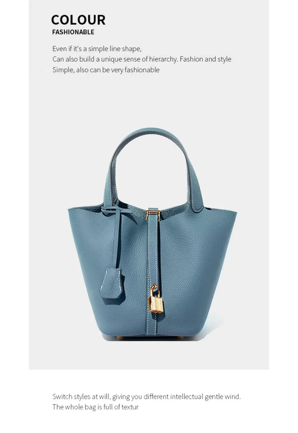 2025 Casual Fashion Female Genuine Leather Bucket Bag Luxury Handbag High-End Tote Bag Woman Cow Leather Mommy Bag & Metal Lock-34