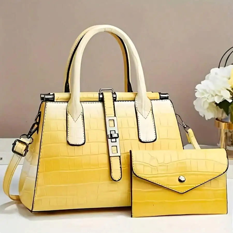 Gradient Purple Pink Crocodile Pattern Women Handbag With Flap Wallet Set-7