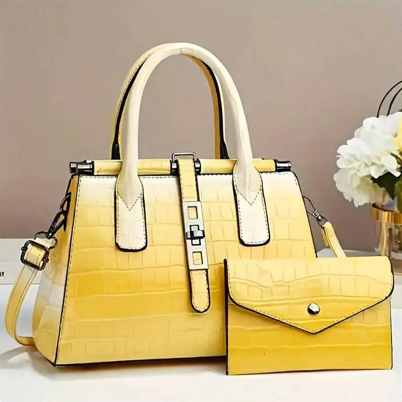 Gradient Purple Pink Crocodile Pattern Women Handbag With Flap Wallet Set-7