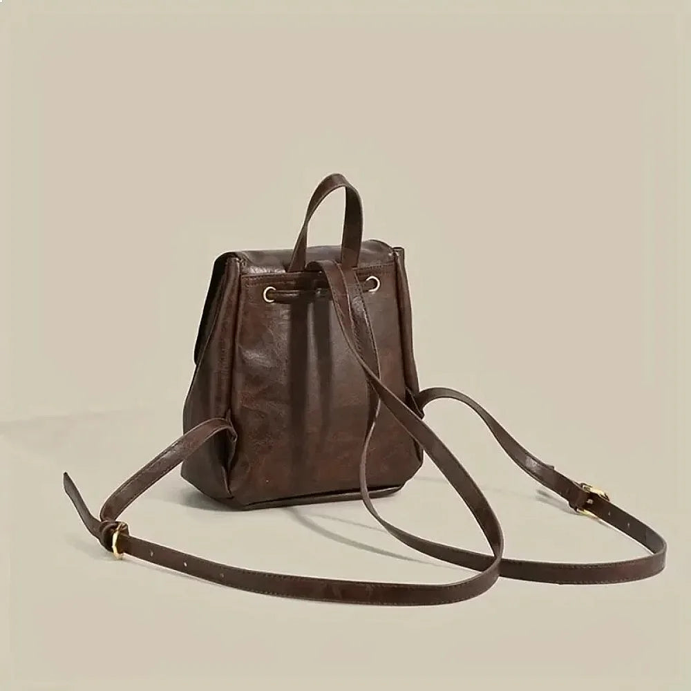 2025 Small Drawstring Flap Backpack Women Mini PU Leather Textured School Backpack Fashion Travel Commuter Bag Girl-10