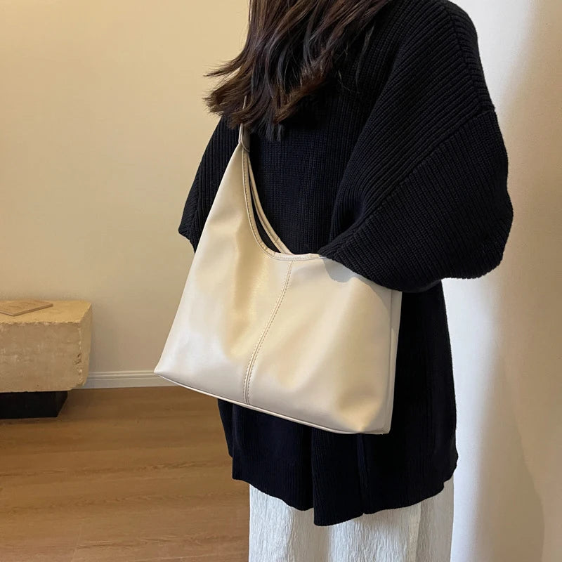 Women Hobo Bag Simple PU Leather Solid Shoulder Bag Fashion Large Capacity Tote Handbag Slouchy Underarm Bag-13