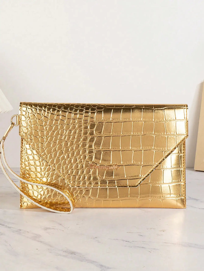 Gold Crocodile Texture Envelope Clutch for Women, Shiny Metal Bar Shoulder Strap, Fits Phones & Coins, Great for Dates, Commutes, Beach, Weddings & Parties-4