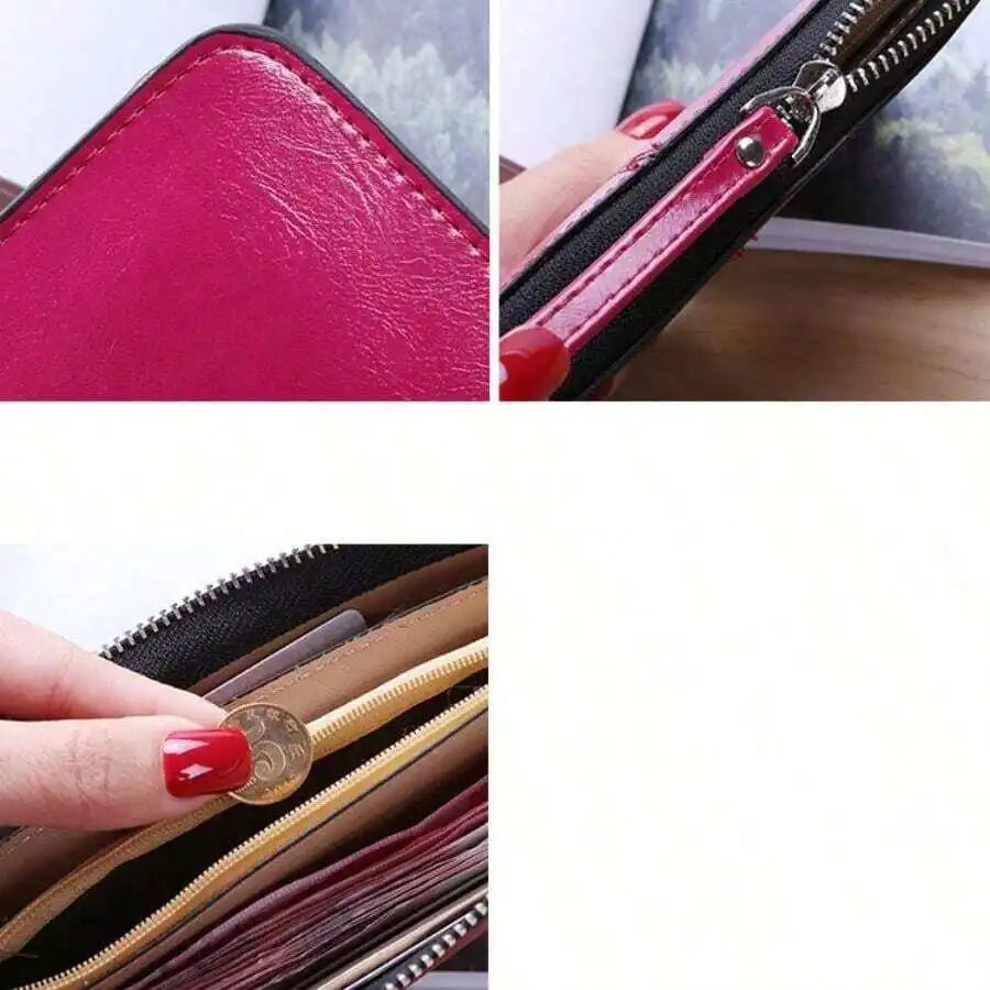 Women Vintage Oil Wax Leather Zipper Clutch Wristlet Wallet Large Capacity Card Holder