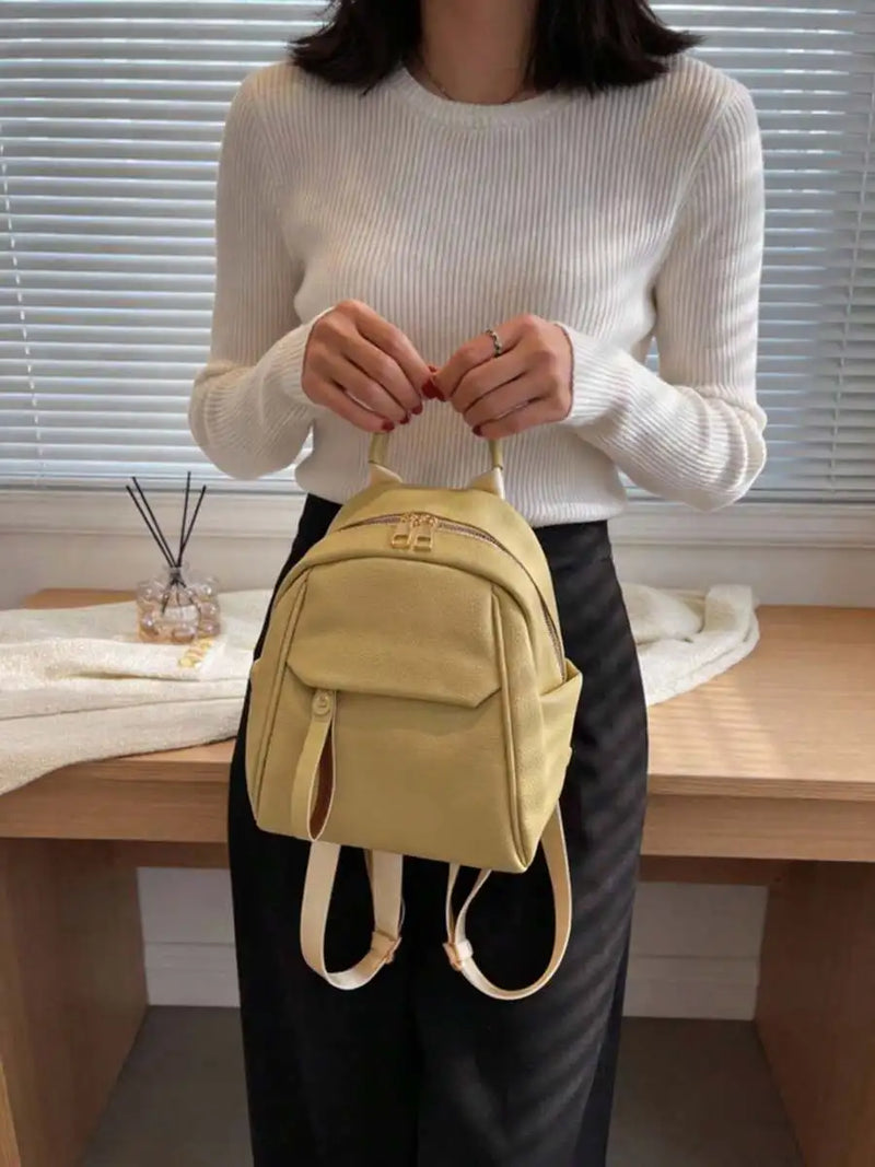 Womens Small PU Leather Backpack With Zipper Closure Top Handle Multi Pocket Daily Travel Bag-12